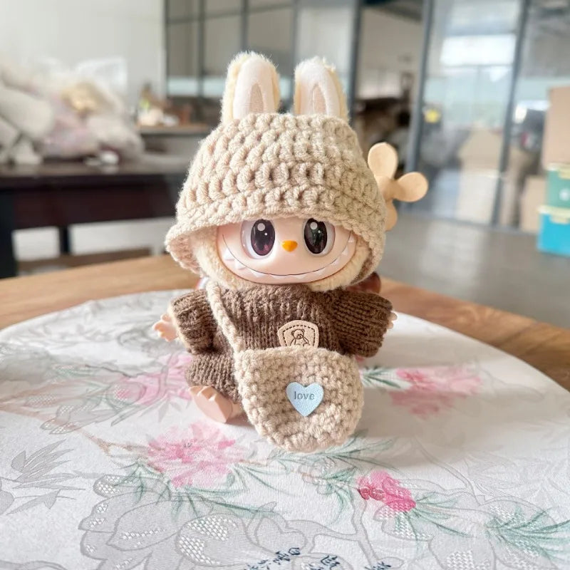 Cozy Knit Hoodie Outfit for Labubu Dolls – “Love” Pocket Sweater Set (Fits 15–17cm)