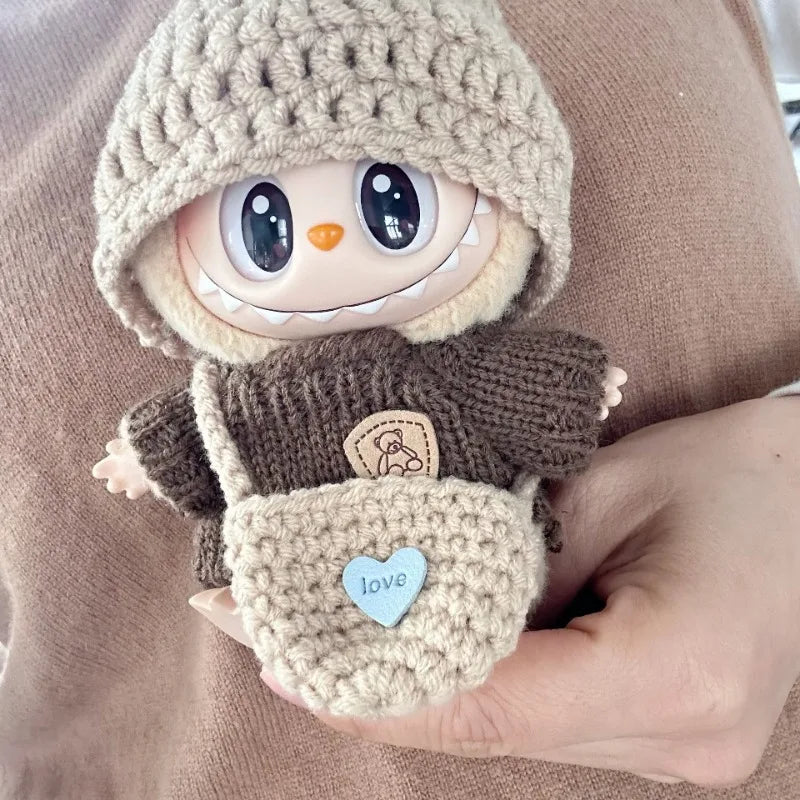 Cozy Knit Hoodie Outfit for Labubu Dolls – “Love” Pocket Sweater Set (Fits 15–17cm)