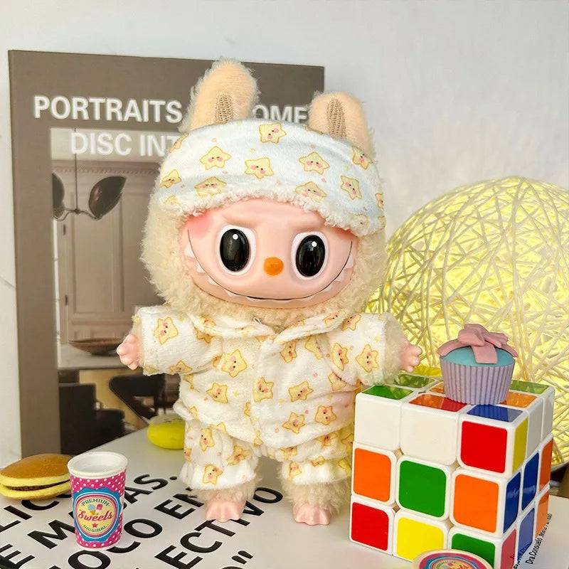 Cozy Pajama Hoodie Set for Labubu Dolls – With Eye Mask (Fits 15–17cm)
