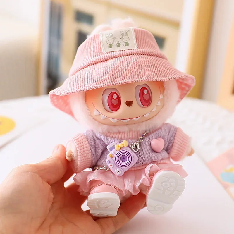 Pastel Tulle Skirt & Sweater Set for Labubu Dolls – With Hat & Accessories (Fits 15–17cm)