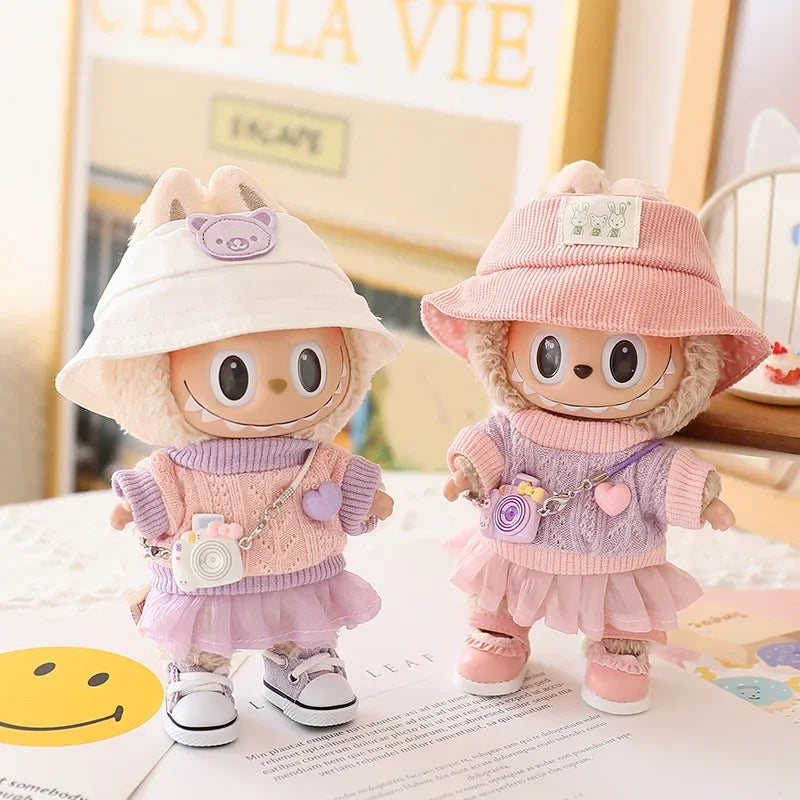 Pastel Tulle Skirt & Sweater Set for Labubu Dolls – With Hat & Accessories (Fits 15–17cm)