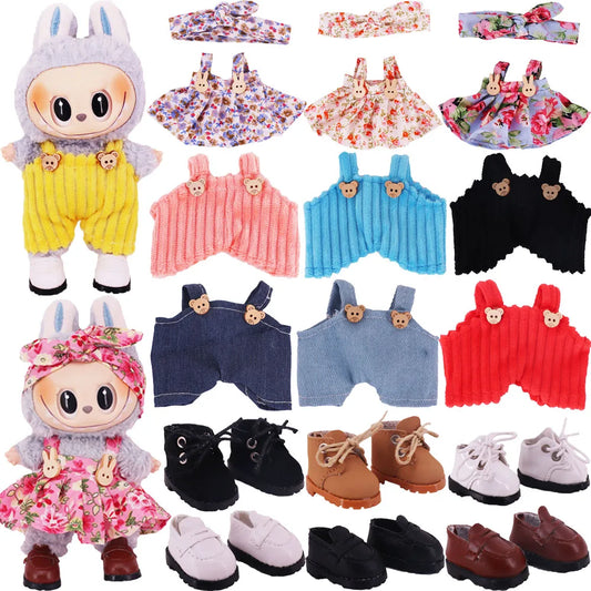 Complete Mix & Match Outfit & Shoe Set for Labubu Dolls – Dresses, Overalls & Martin Boots (Fits 15–17cm)