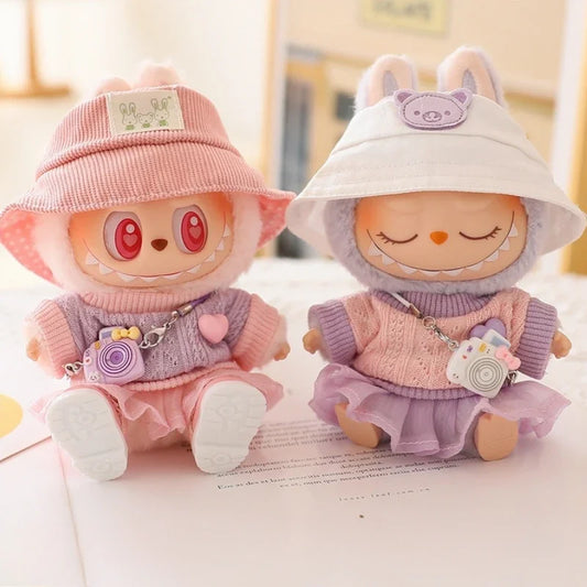 Pastel Tulle Skirt & Sweater Set for Labubu Dolls – With Hat & Accessories (Fits 15–17cm)