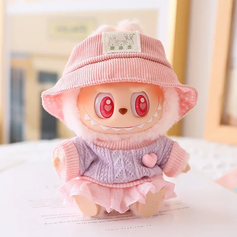 Pastel Tulle Skirt & Sweater Set for Labubu Dolls – With Hat & Accessories (Fits 15–17cm)