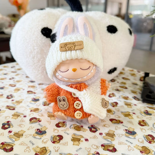 Labubu Doll Winter Outfit – Knitted Sweater & Hat Set with Animal Accents (Fits 15–17cm Dolls)