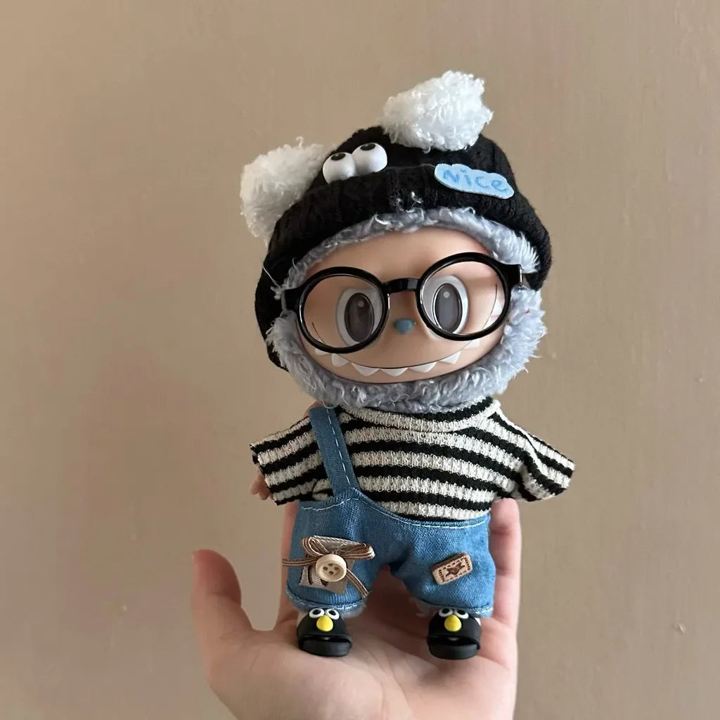 Cool Striped Streetwear Set for Labubu Dolls – Urban Outfit w/ Glasses & Shoes (Fits 15–17cm)