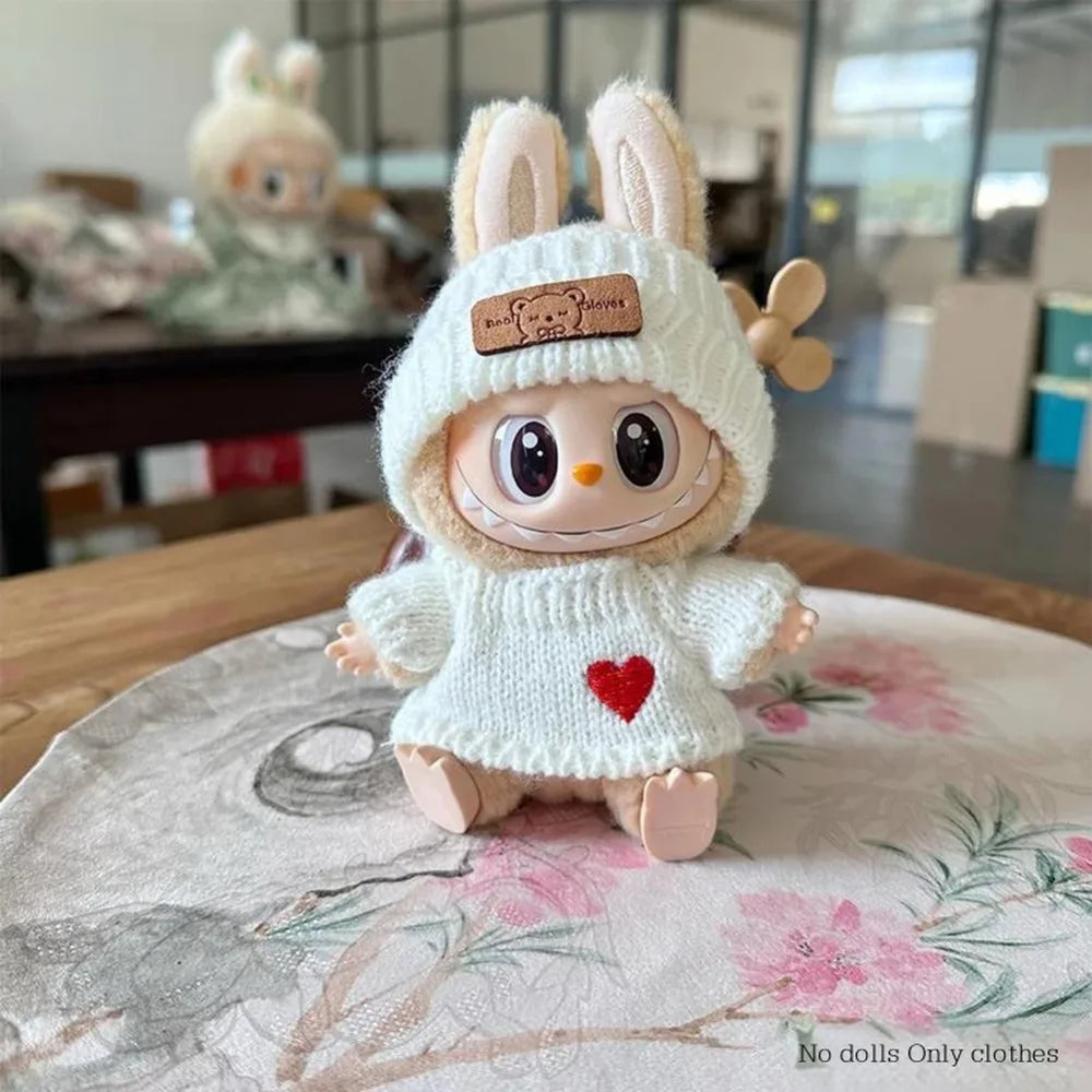Bunny Knit Sweater Outfit for Labubu Dolls – Cozy Twin Hoodie Set (Fits 15–17cm)