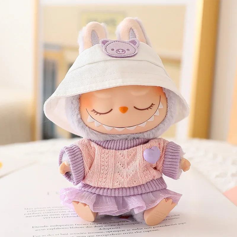 Pastel Tulle Skirt & Sweater Set for Labubu Dolls – With Hat & Accessories (Fits 15–17cm)