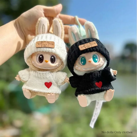 Bunny Knit Sweater Outfit for Labubu Dolls – Cozy Twin Hoodie Set (Fits 15–17cm)