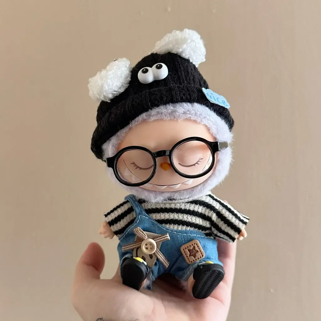 Cool Striped Streetwear Set for Labubu Dolls – Urban Outfit w/ Glasses & Shoes (Fits 15–17cm)