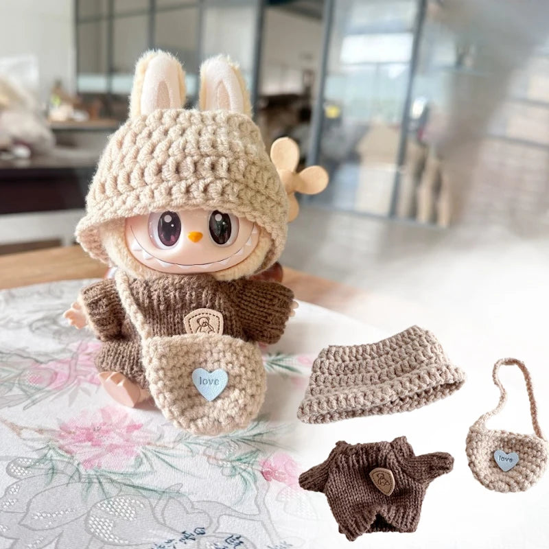 Cozy Knit Hoodie Outfit for Labubu Dolls – “Love” Pocket Sweater Set (Fits 15–17cm)