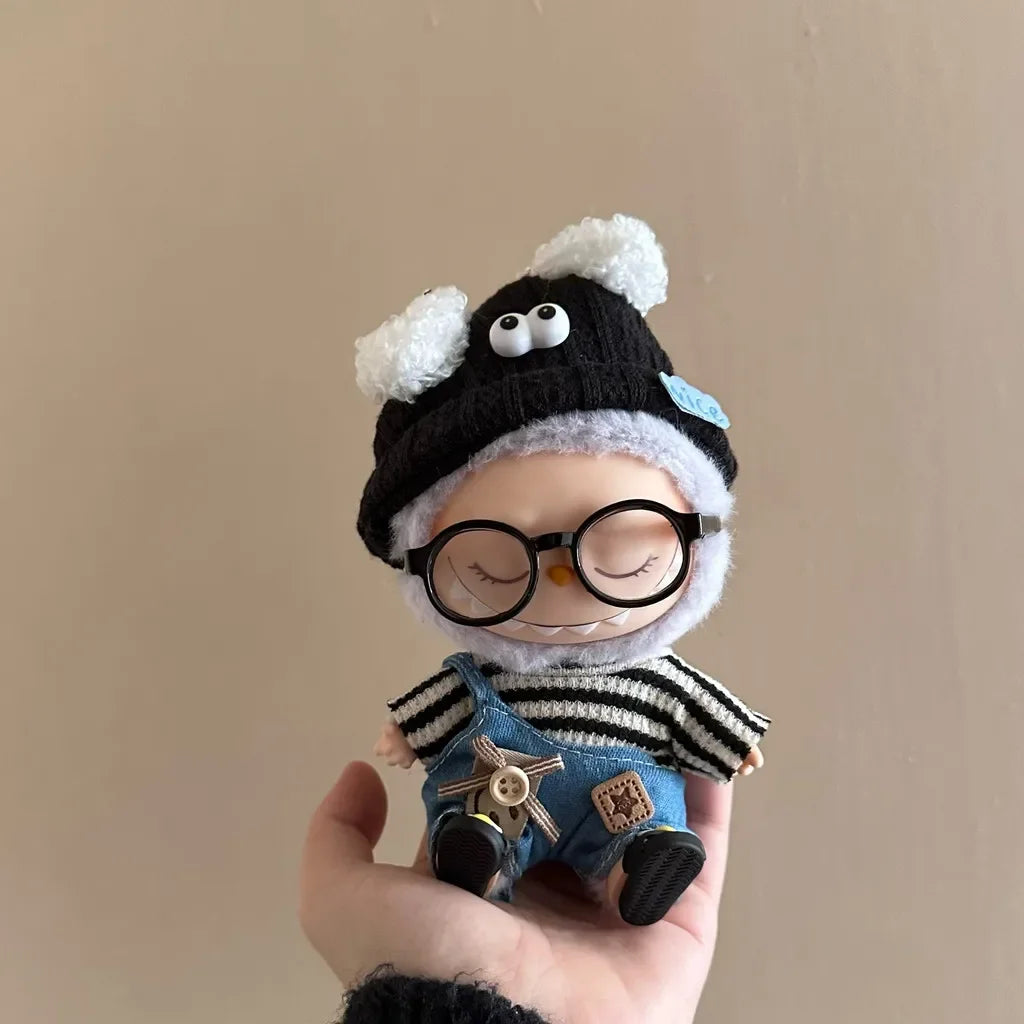Cool Striped Streetwear Set for Labubu Dolls – Urban Outfit w/ Glasses & Shoes (Fits 15–17cm)