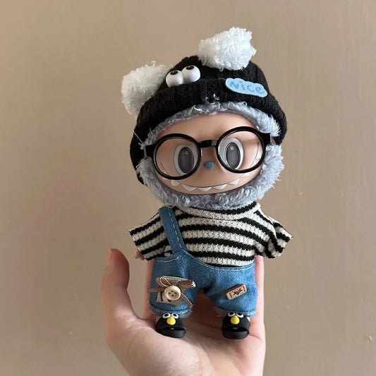 Cool Striped Streetwear Set for Labubu Dolls – Urban Outfit w/ Glasses & Shoes (Fits 15–17cm)
