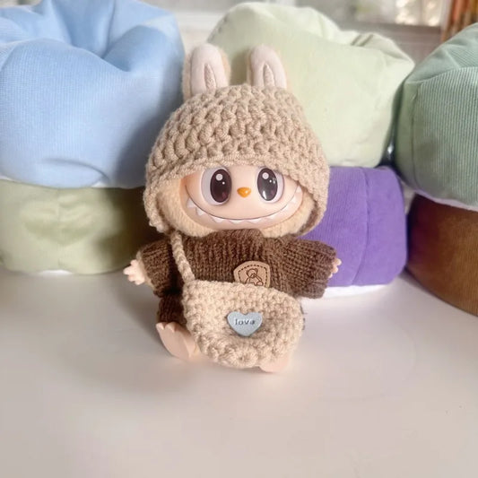 Cozy Knit Hoodie Outfit for Labubu Dolls – “Love” Pocket Sweater Set (Fits 15–17cm)