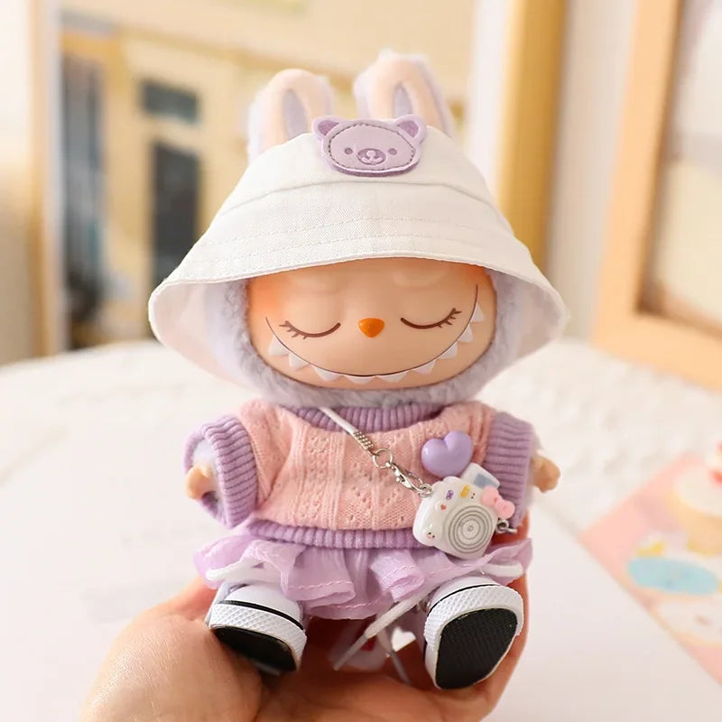 Pastel Tulle Skirt & Sweater Set for Labubu Dolls – With Hat & Accessories (Fits 15–17cm)